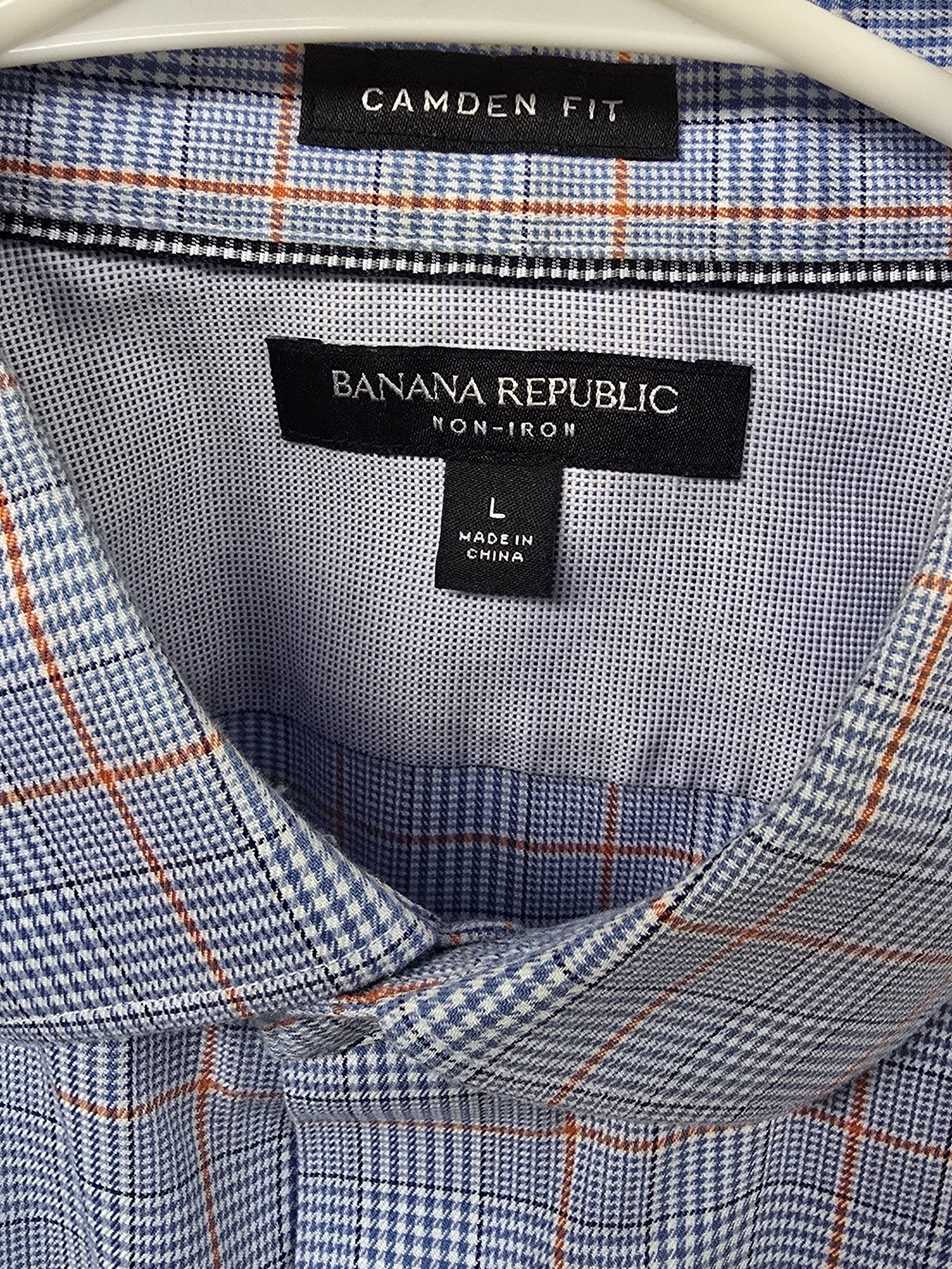 Banana Republic Camden Fit Light Blue Plaid Dress Shirt with Orange Windowpane - Picture 3 of 4
